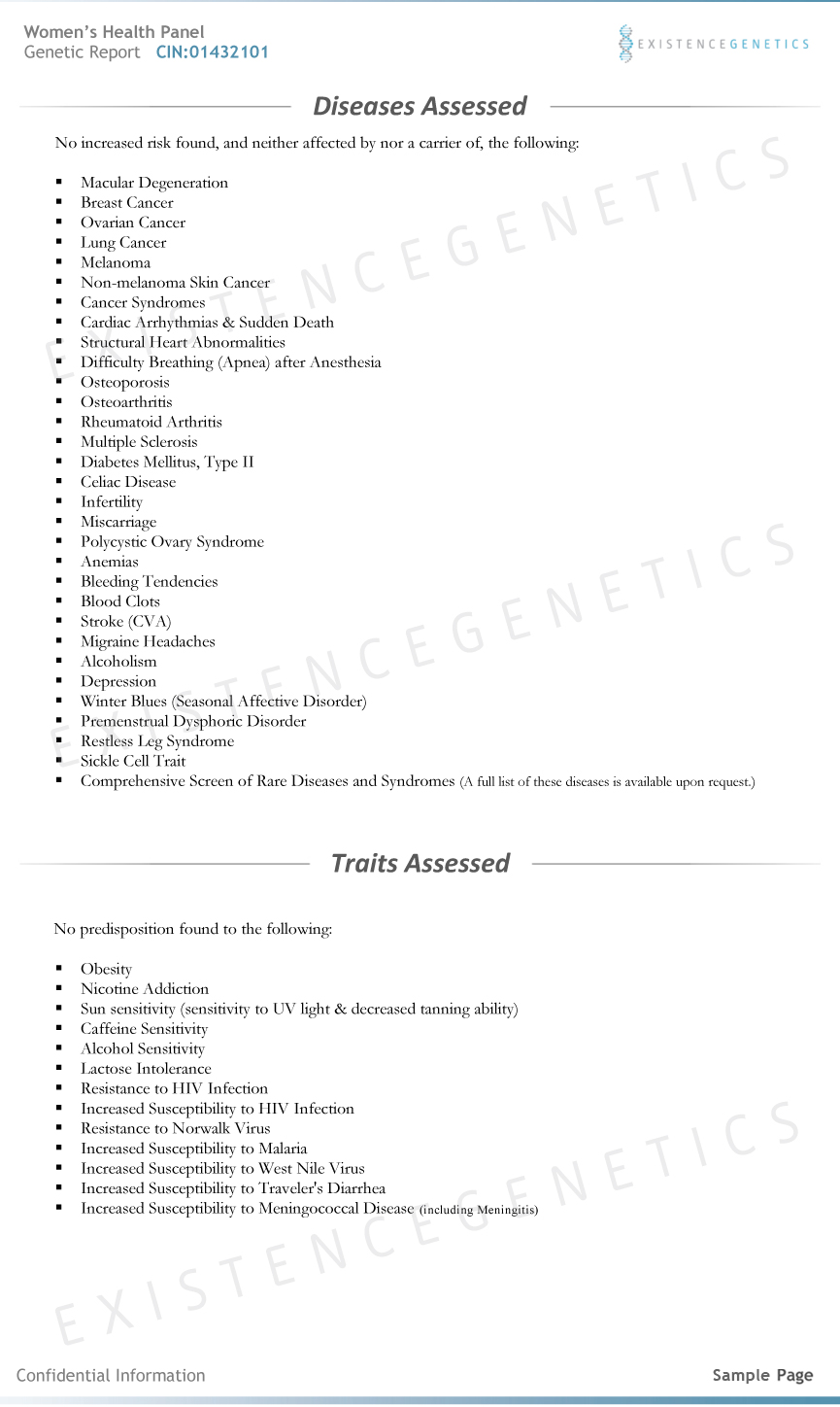 diseases assessed sample genetic report